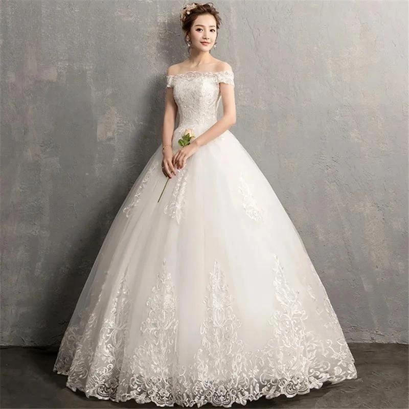 

Customized Wedding Dress White Embroidery Off the Shoulder Lace Up Princess Floor-length Bridal Gowns De Novia Casamento AL012