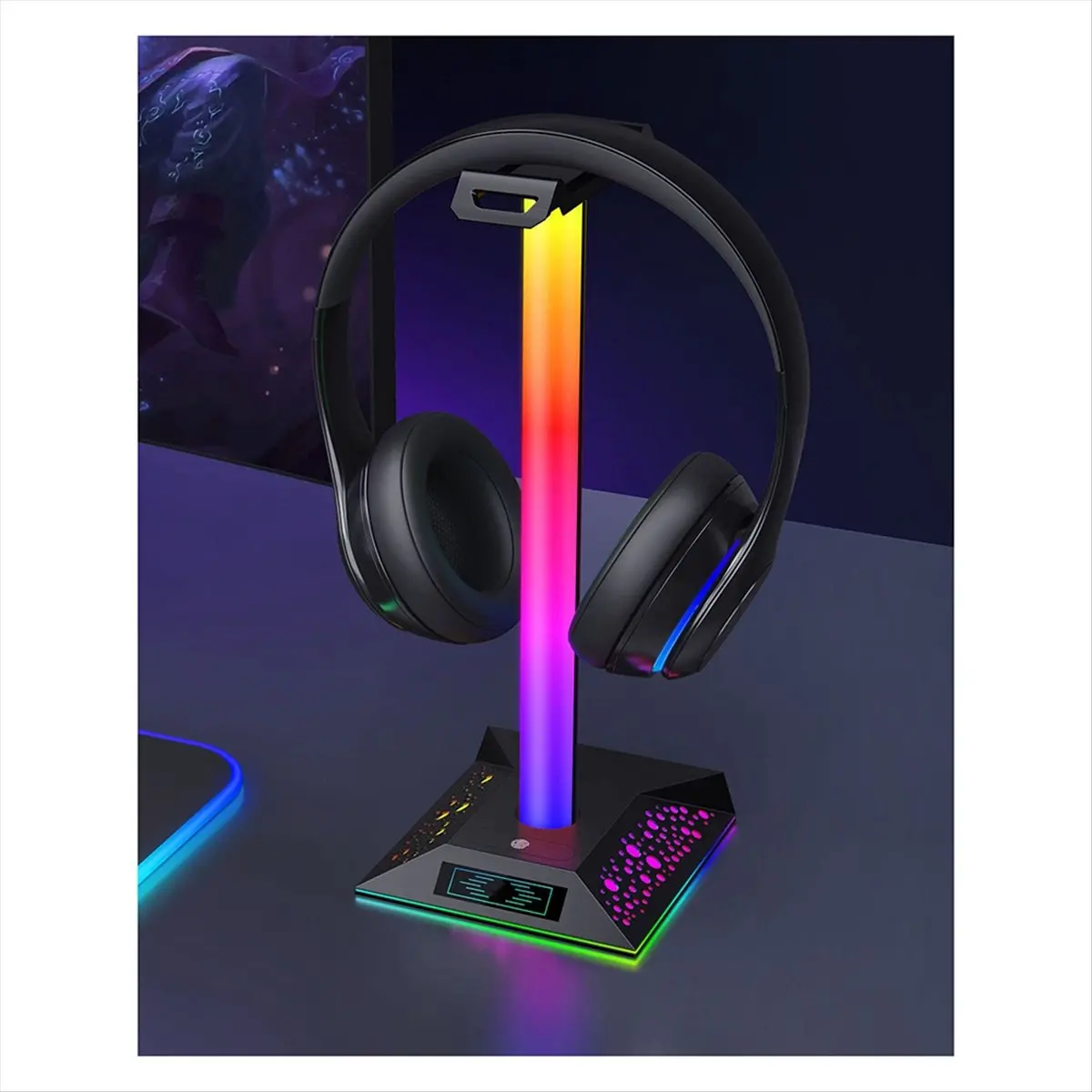 A25I Game Headphone Stand RGB Light with Dual USB Ports 3.5mm Audio Touch Headphone Stand Light