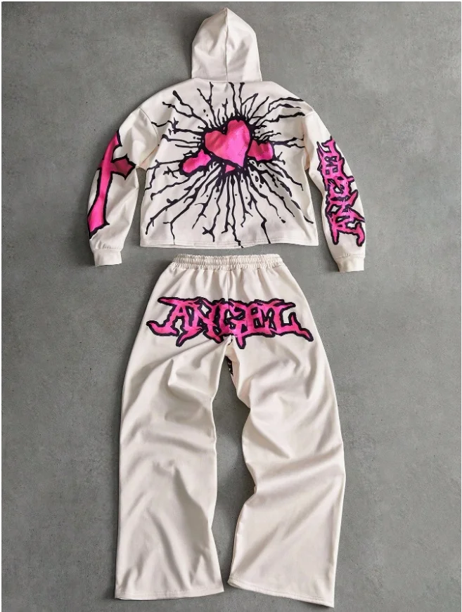 Herbst/Winter Hoodie Set American Street Y2k Hip Hop Trendy Herren 3D Erwachsene Hoodie Taille Hosen Geeignet für Männer und Frauen