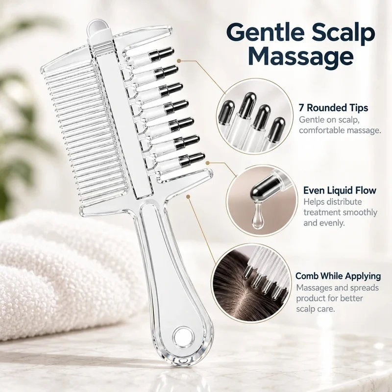 2-in-1 Scalp Applicator Comb with 7 Rolling Massage Tips, Hair Growth Serum Oil Applicator, Even Liquid Distribution Dual-Sided