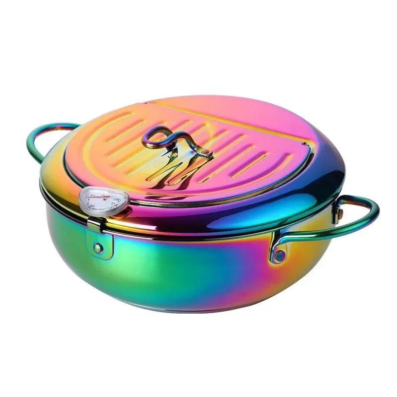 

Stainless Steel Frying Pot with a Thermometer Gold Kitchen Utensils Tempura Fryer Pan Convenient Skillet Cookear