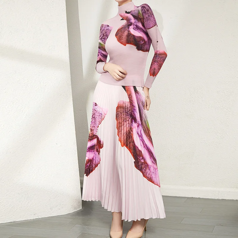

Faionable Women's T-irt Skirt Set Pleated Long Sve Spring Summer Autumn Tee-acetate Fiber Large Size f-length Skirt