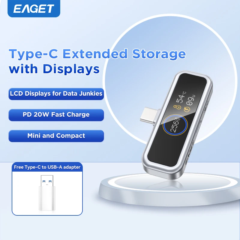 Eaget 64GB/128GB/256GB/512GB Type-C USB Flash Drive - i30, with LCD Displays and PD 20W Fast Charge  for Phone Tablet