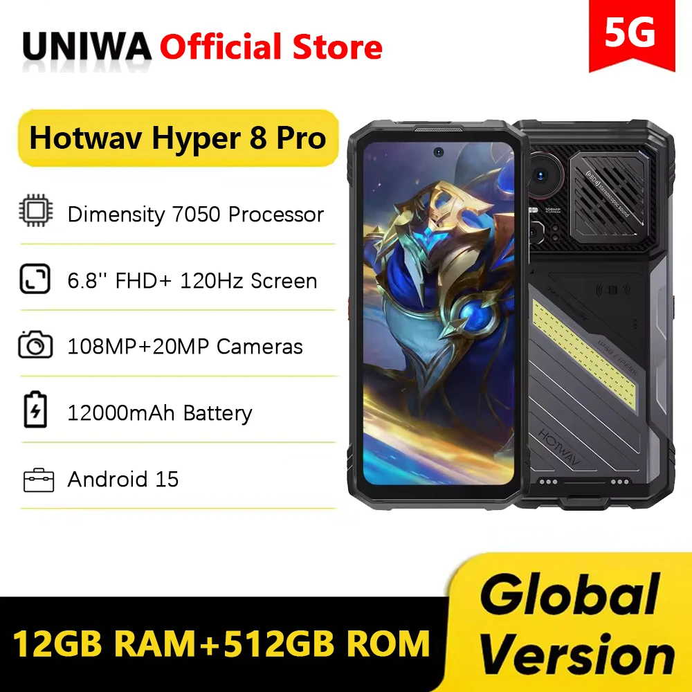 HOTWAV Hyper 8 Pro 5G Rugged Phone 125dB Loudspeaker 6.8 Inch 12GB+512GB Mobile Phones 108MP Camera 12000mAh  55W Cellphone NFC