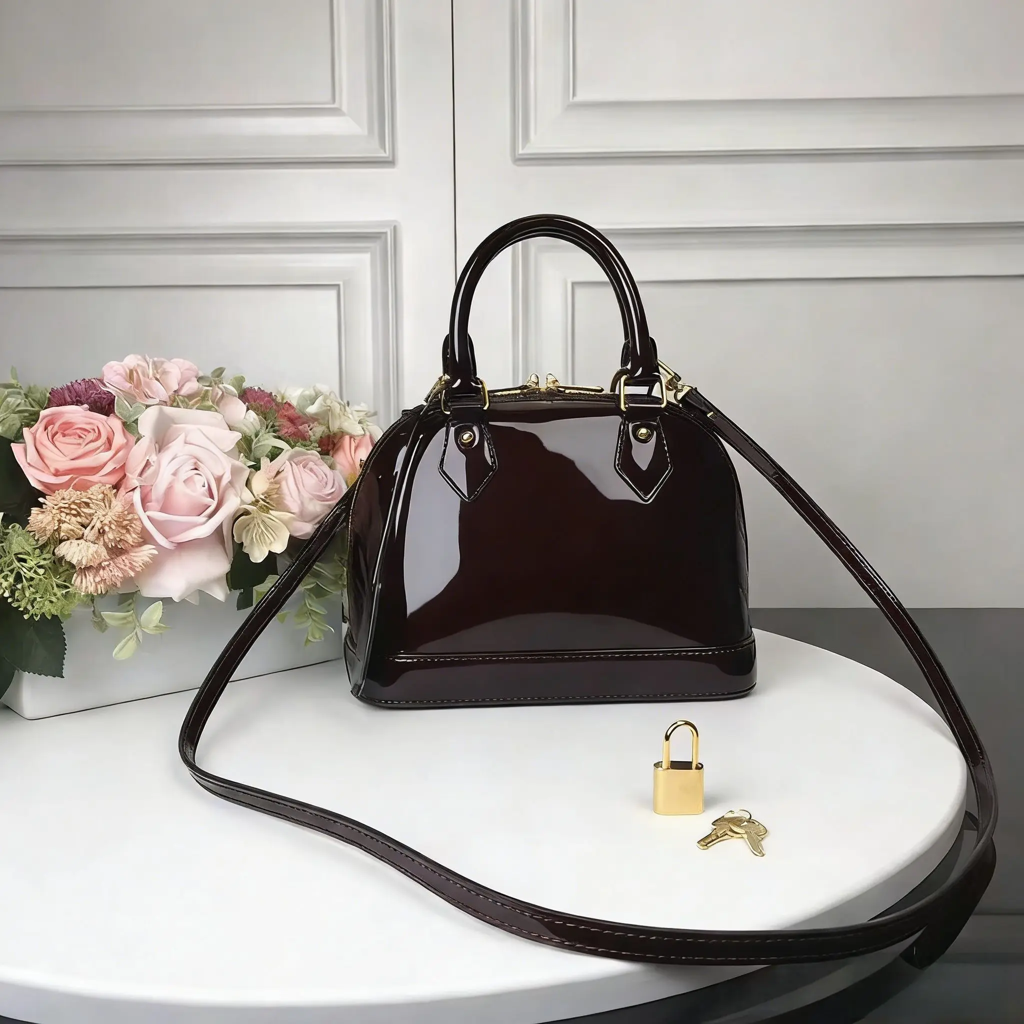 

Burgundy Patent Leather with Top Handle & Lock, Retro Luxury Handbag for Special Occasions & Night Out