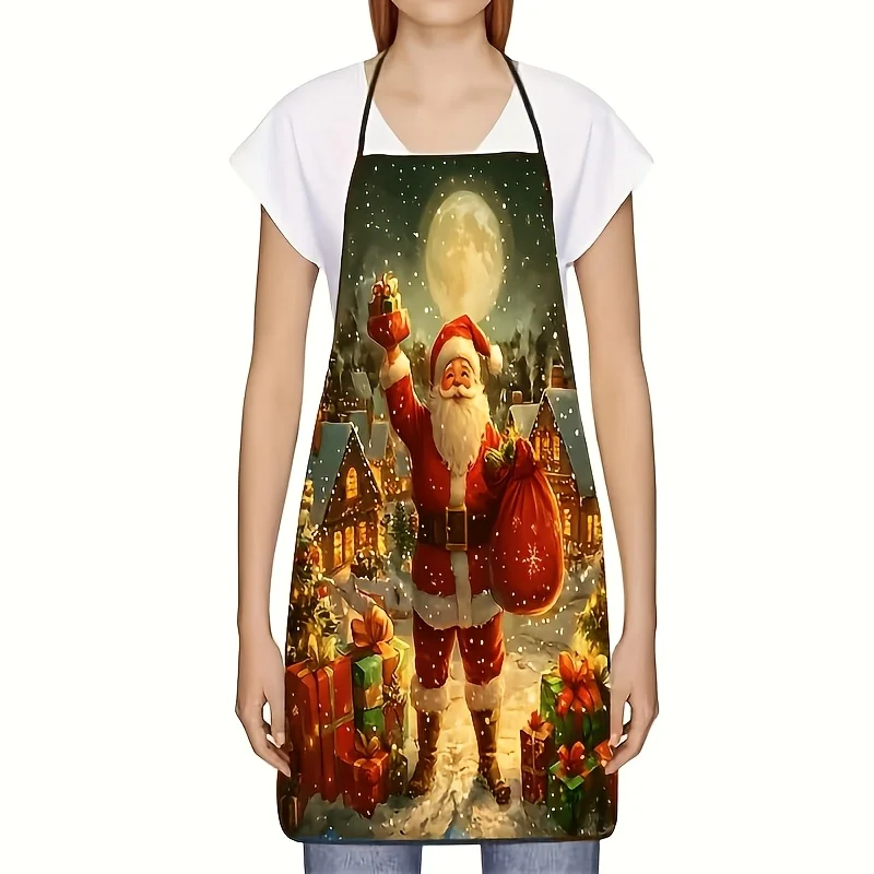 1pc Extra Large Christmas Apron! Decorated with a Santa Claus Snow Village Pattern, Adorned with a Gift House and the Moon