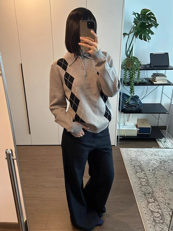 

Retro Knitted Ne Long Sve T-irt Youth Vitali Sle Winter Casual Wear for Men And Women Floral Embroidery Top