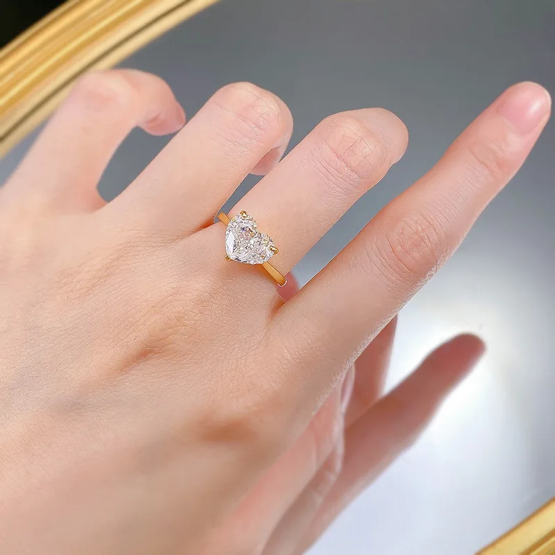 

S925 Pure Silver Gorgous Fine High Carbon Diamond Fat Heart Wedding Ring for Women Birthday Gift Girl Lady Jewelry
