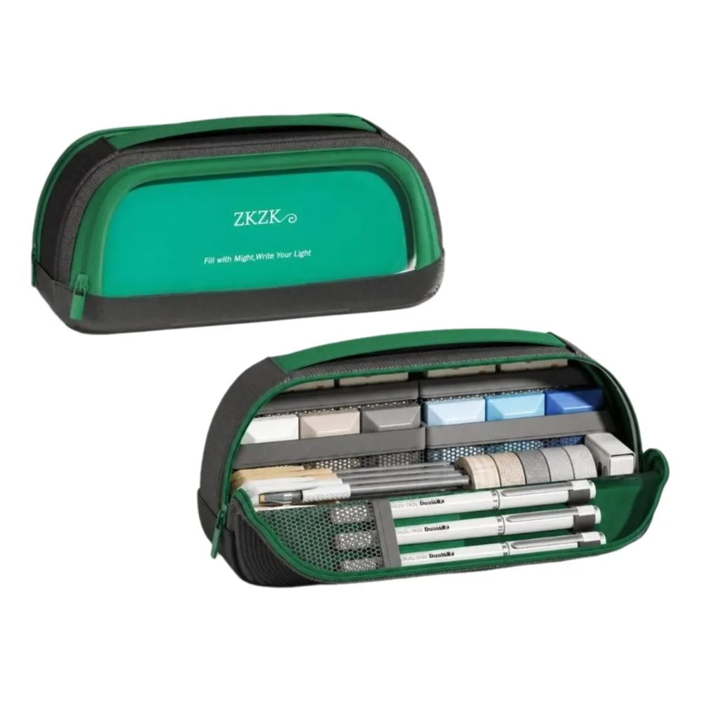 Multi-Layer Compartments Magnetic Pencil Case Carry Handle Fold-Down Organizer Pencil Pouch Zipper Closure Mesh Pockets