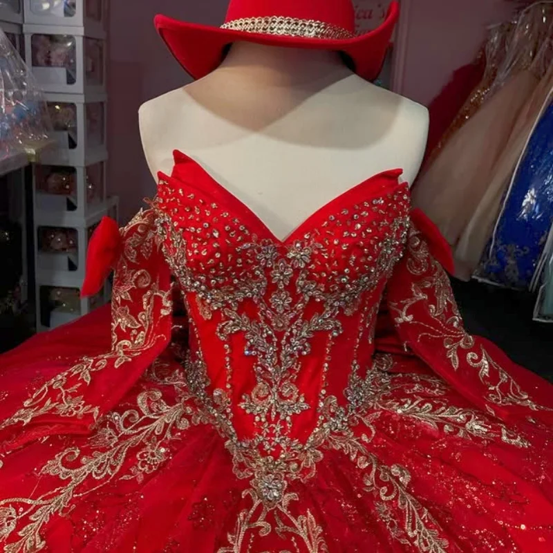 

Shiny Red Off Shoulder Quinceanera Dress Tull golden glitter decal crystal layering Bow vestidos de 15 Quinceanera ﻿Customized
