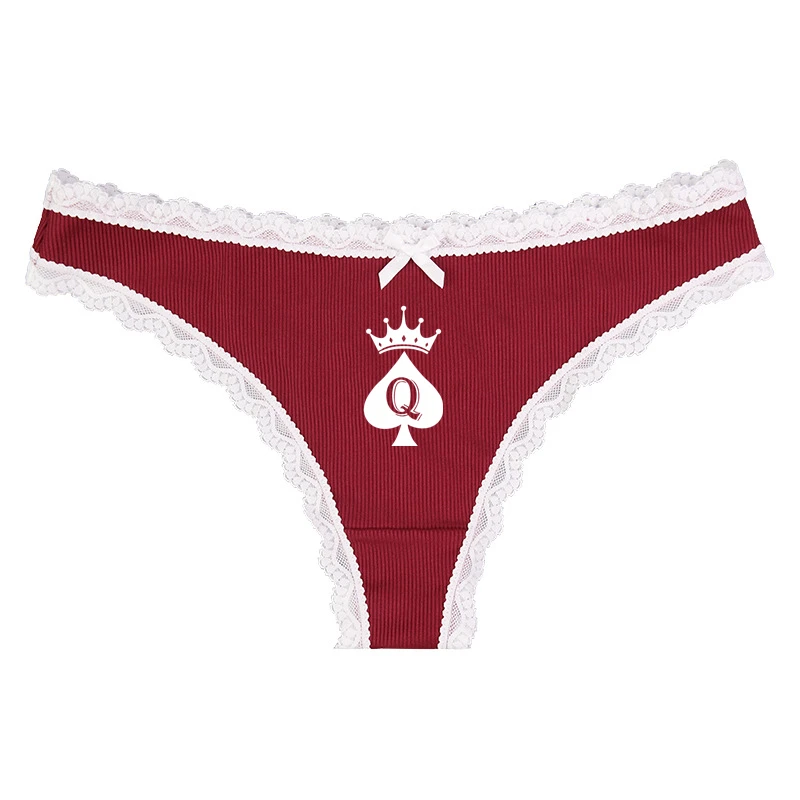 QOS Sexy Women\'s Thong Temptation Queen of Spades Lace Edge Beautiful Bow Low Plus Size Waist Panties String Femme G String