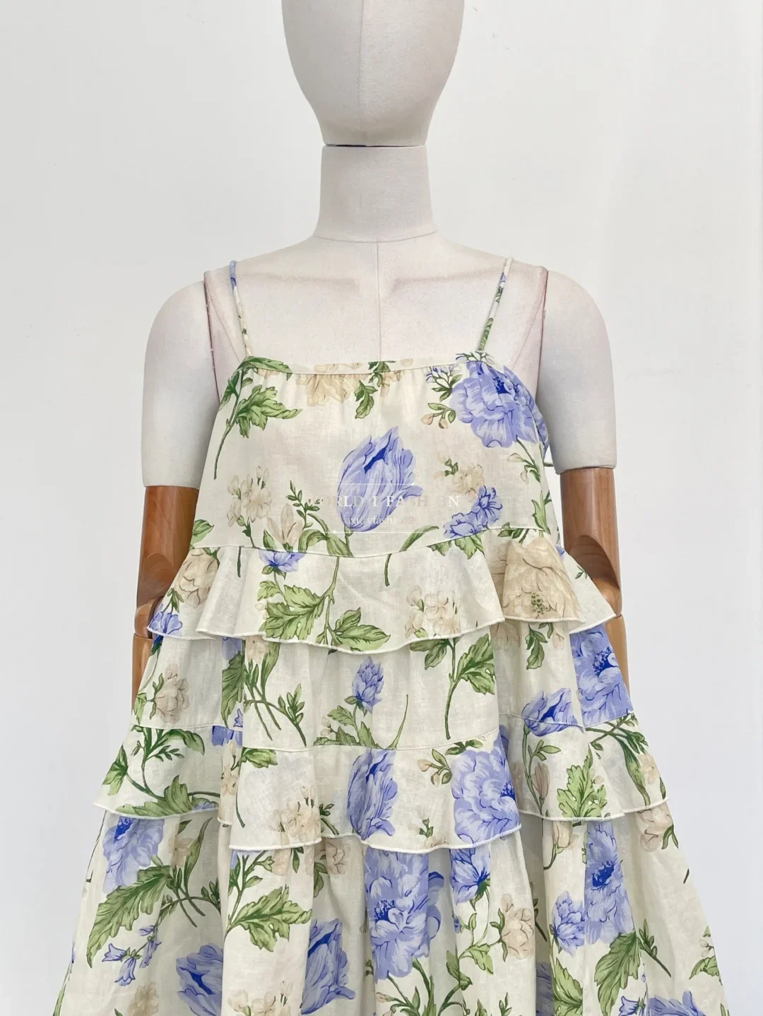 High Quality Beige Floral Print Sleeveless Ruffles Frilled Mini Dress for Holiday