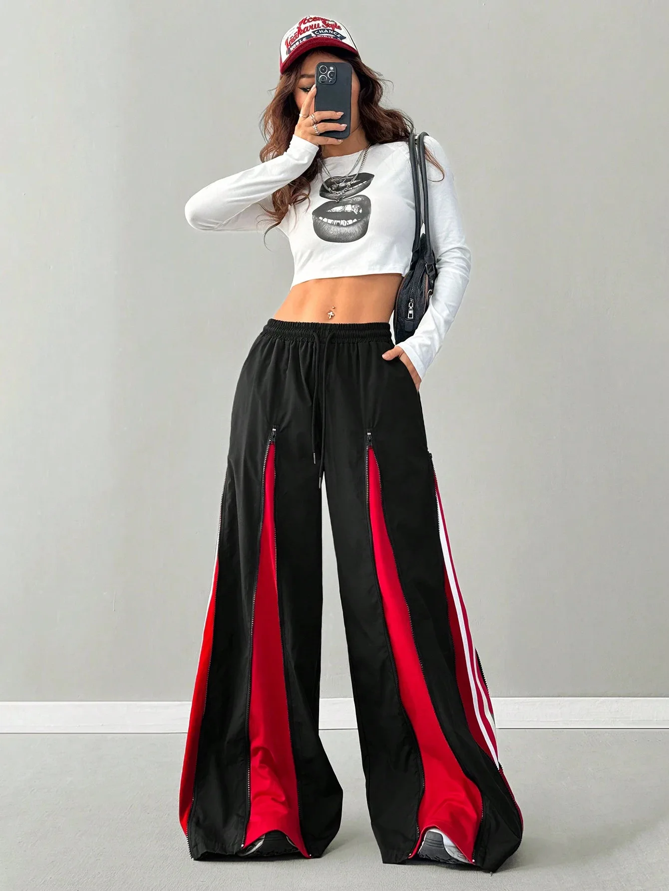 25 year old girl hip-hop and street dance costumes, cool jazz stage costumes, K-pop performance pants, multi zipper design, loos