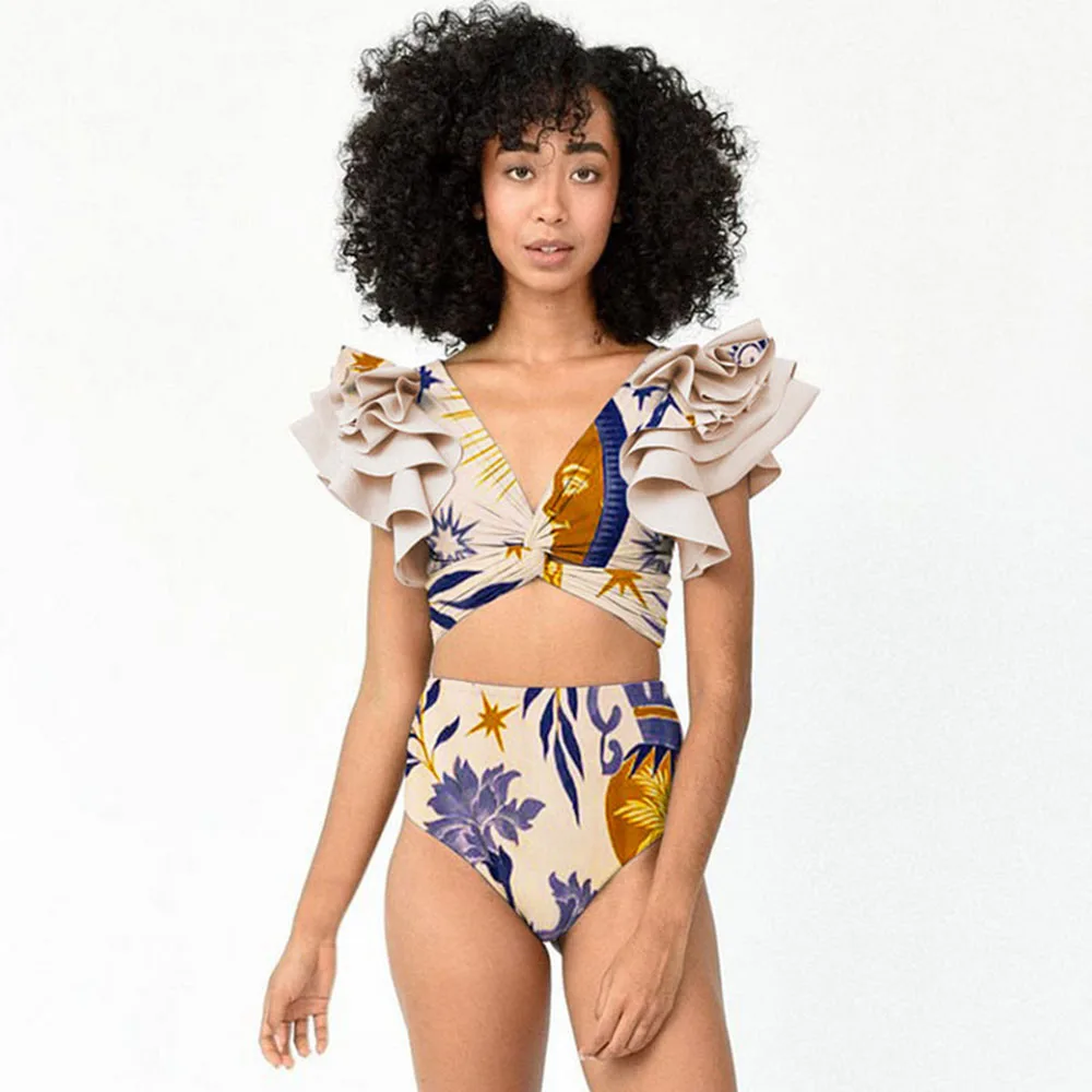 One-piece Women Swimwears Swimsuit Set Beach Dress StyleBikini With Off-shoulder Ruffled Ethnic-Print Separates Swimsuit