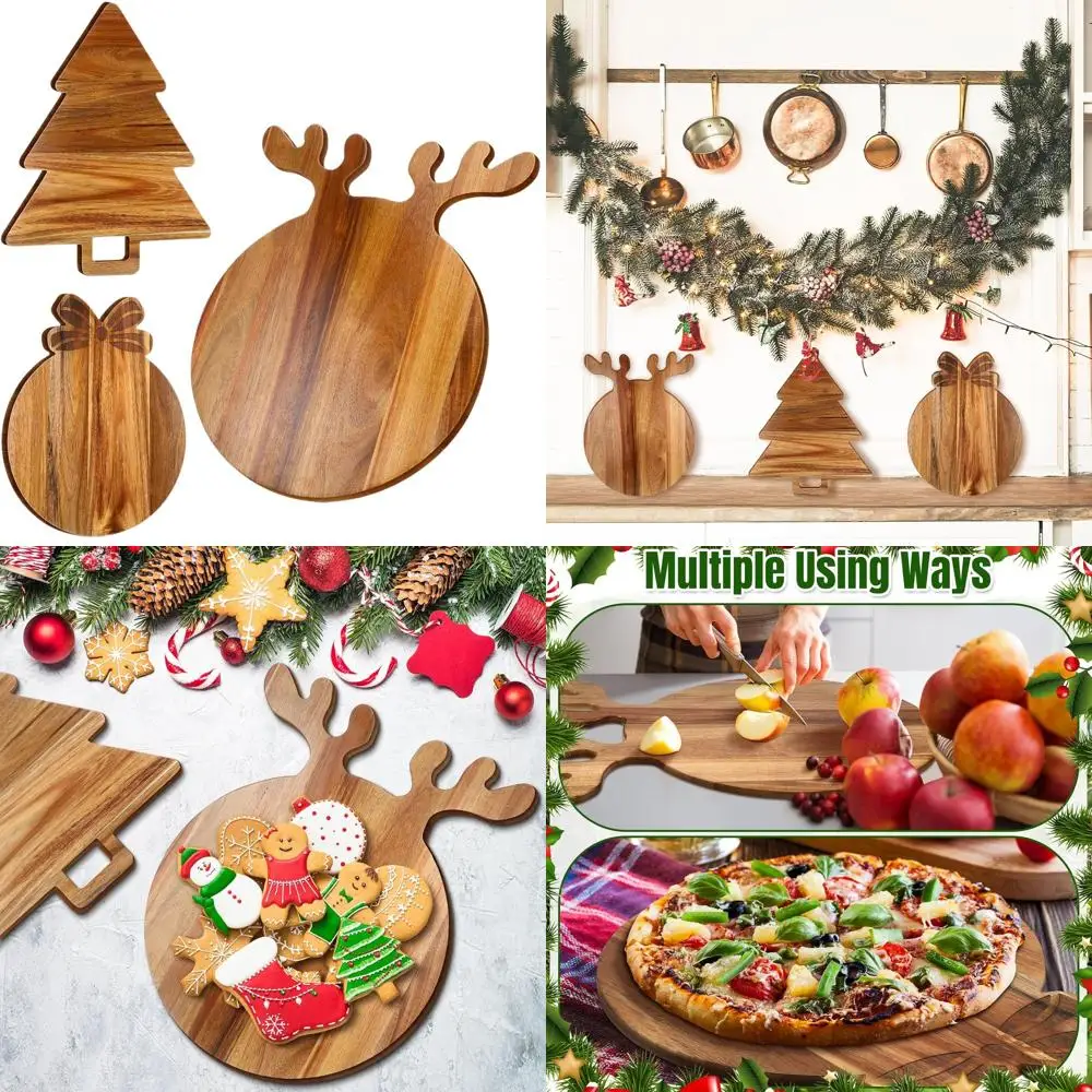 

Large Round Acacia Wood Charcuterie Board with Xmas Tree, Antler Wreath, and Serving Tray for Holiday Pizza, Bread, Cheese, Frui