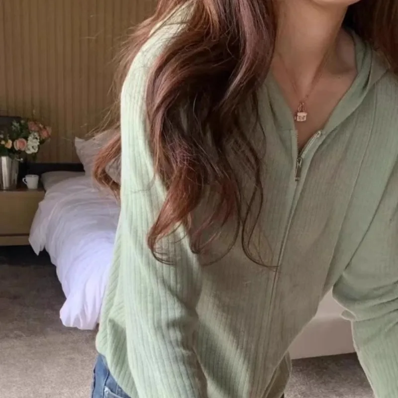Fashion double zipper thin hooded cashmere knit cardigan women spring and autumn loose sweater wool hoodie hoodie 5
