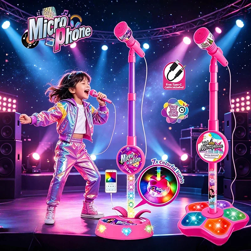 Flash Light Microphone Guitar Musical Instrument Toy Portable Karaoke Singing Machine Colorful Light Music Play Toy Home Party
