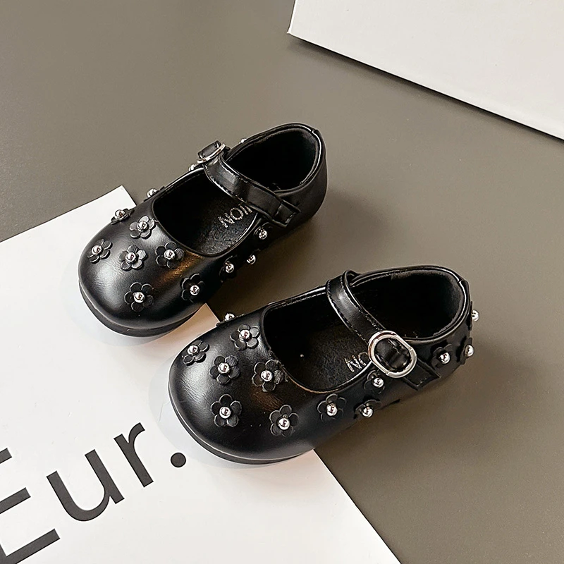 

2025 Autumn New Girls Princess Leather Shoes with Flowers Sweet Kids Flat Shoes Round Toes Children MaryJanes Ins Trendy Elegant