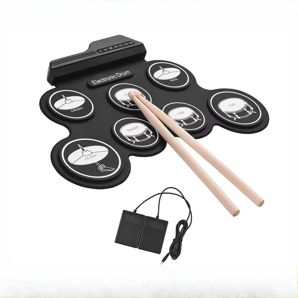 

Electronic drum set with USB, rolled up silicon drum pad, digital foldable electric portable compact,manual practice with pedal