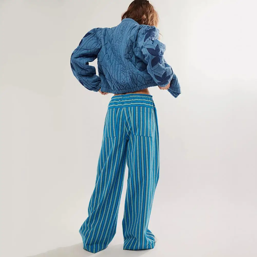 Trousers Vertical Striped Wide Leg Pants with Drawstring Pockets for Women Streetwear Trousers for A Stylish Look Striped Print