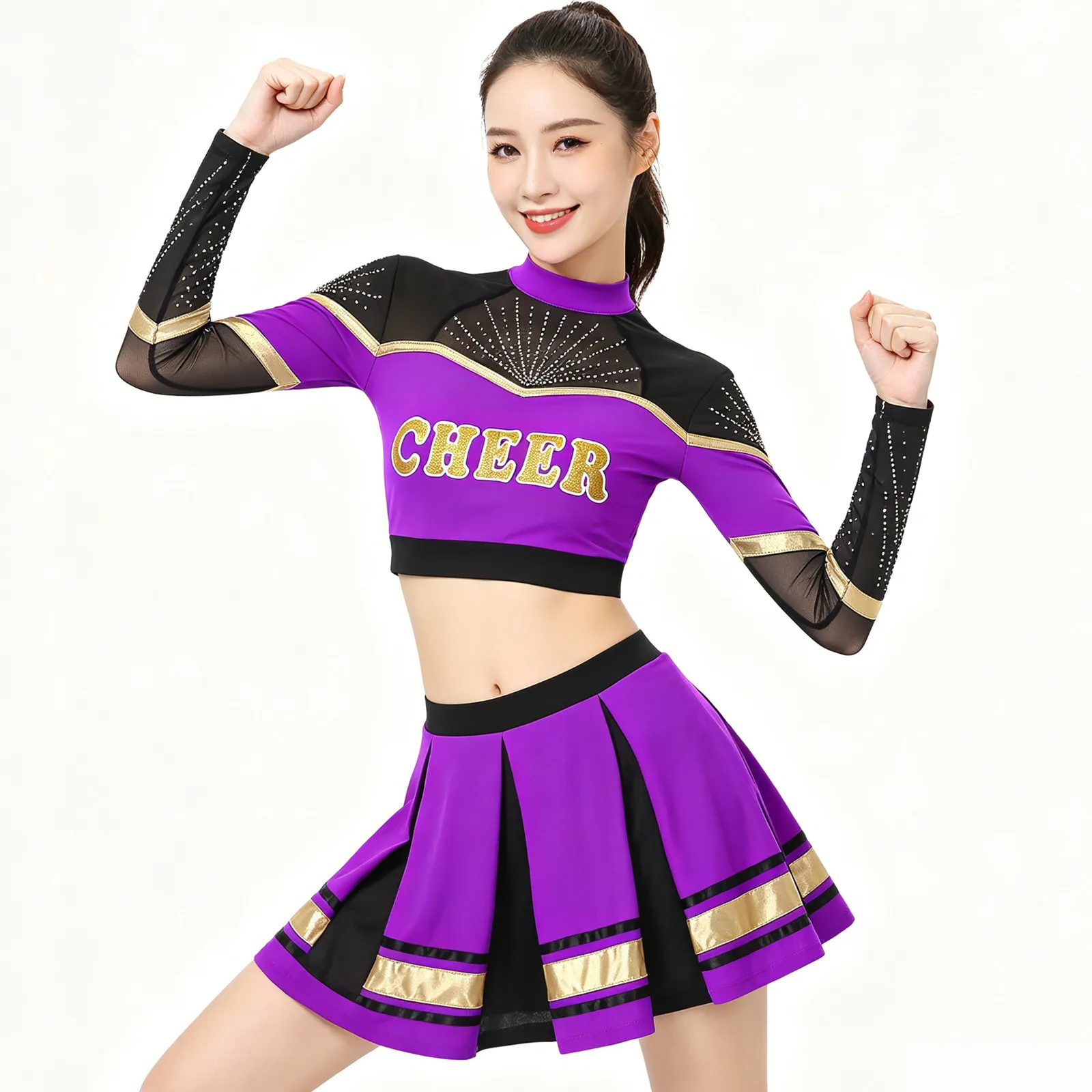 2Pcs Women Cheerleading Costume Cheerleader Dance Outfits Long Sleeve Sequins Crop Top with Pleated Skirt Set Cheer Uniform