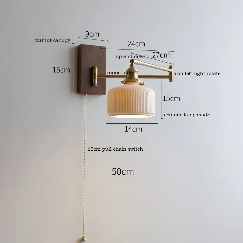 Pull Chain Switch LED Wall Lamp Beside Bedroom Living Room Light Arm Left Right Totate Wood Canopy Applique Murale Sconce