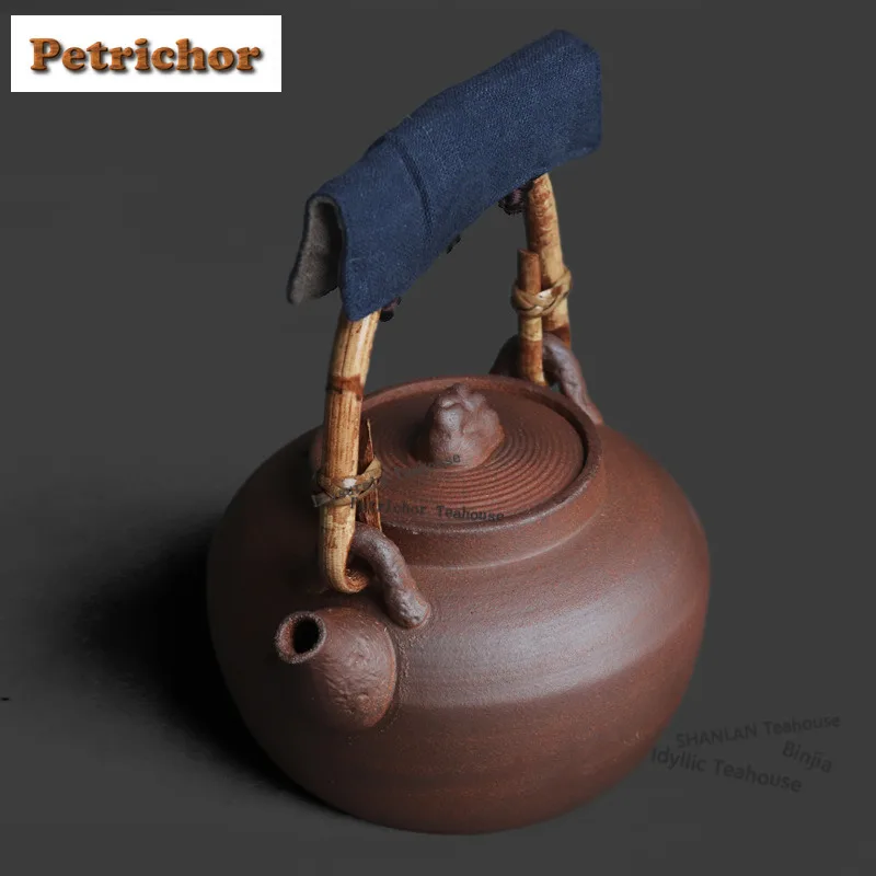 500ml Coarse Pottery Taihu Stone Lifting Handle Boiling Water Kettle Large Capacity Tea Maker Pot Yellow Rice Wine Kettle Tea