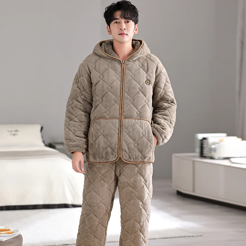 High Quality Winter Thick Warm Pajamas Set Men Three Layer Clip Cotton Pyjamas Casual Comfortable Hooded Sleepwear