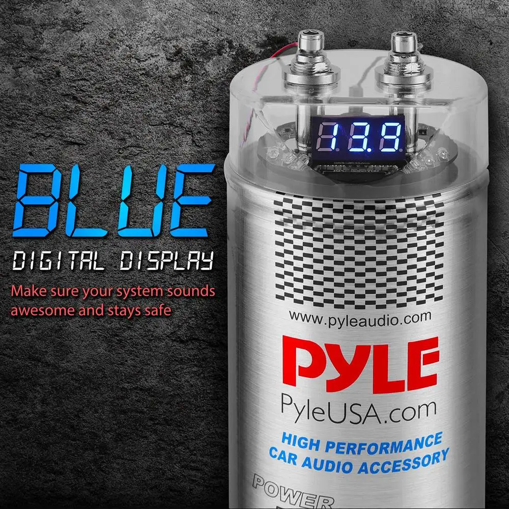Pyle 5.0 Farad Digital Power Capacitor - High-Performance Car Audio Accessory with Blue Digital Display, Voltage Readout