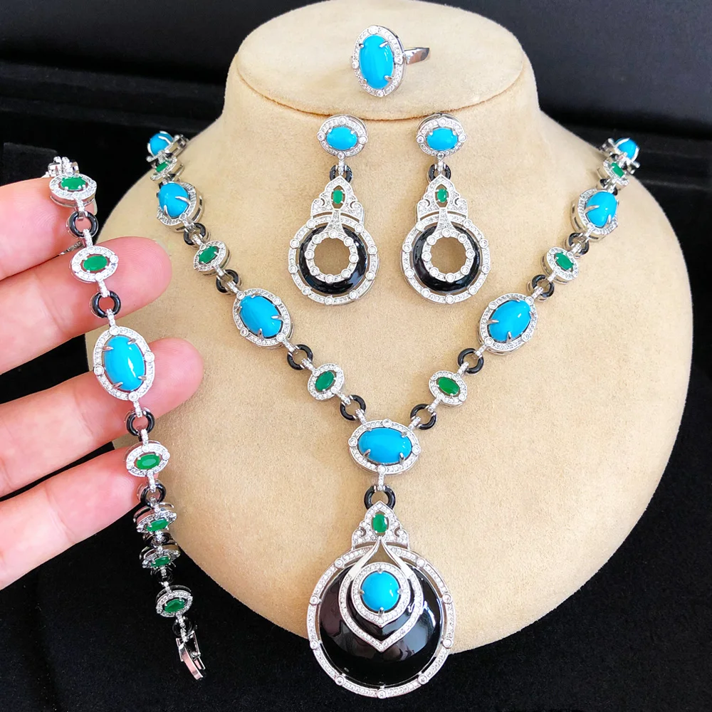 GODKI New Fashion Turquoise UAE Dubai Bridal Jewelry Set For Women Wedding Party Nigerian African Necklace Earring Set