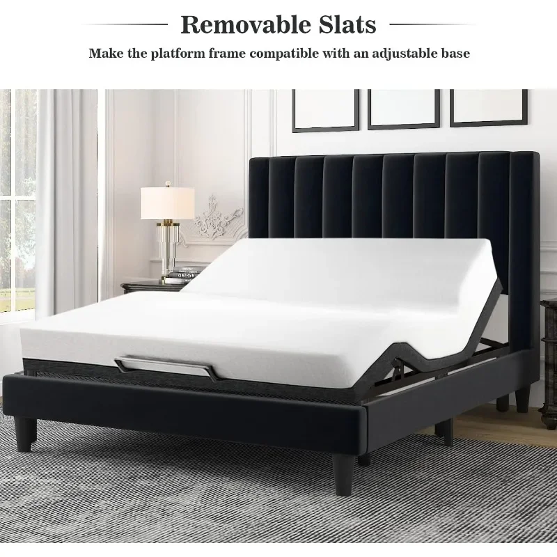 

Velvet Upholstered Bed Frame with Vertical Channel Tufted Headboard/Strong Wooden Slats/Mattress Foundation/Box Spring Optional