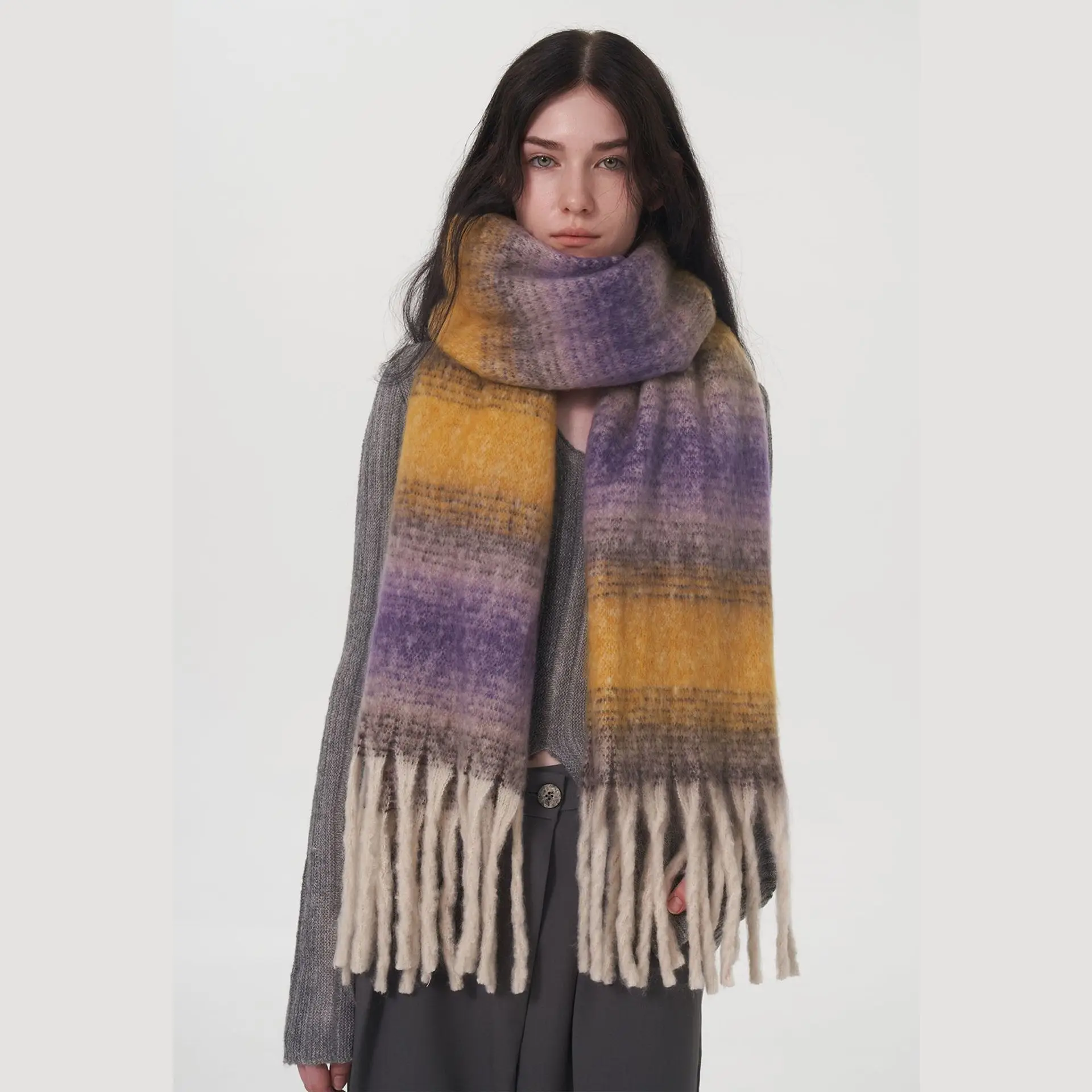 Gradient Color Block Cashmere Scarves Comfort Stripe Tassel Scarf Autumn Winter Keep Warm Simple Fashion Commuting Long Muffler