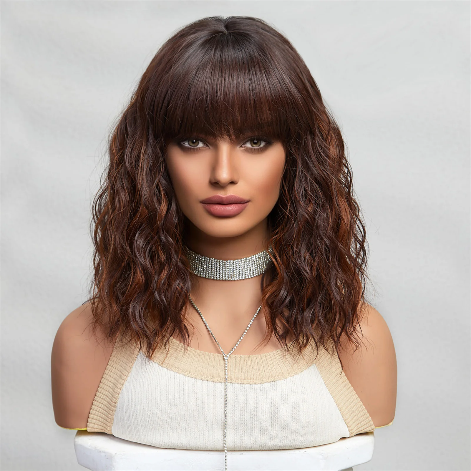 ESIN Synthetic Mixed Brown Color Wavy Bob Wigs Medium Long Loose Body Wave Wig with Bangs Cosplay Daily Natural Wigs for Women