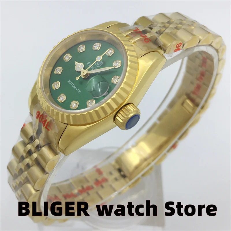 

LIGER New Luxury 26mm Women's Gold Watch Diamond Index Green dial Date Window Sapphire Glass Japan NH05 Mechanical Women's Watch