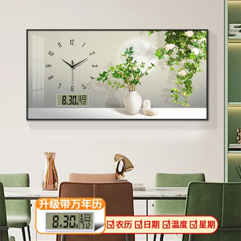 Simple Green Plant Perpetual Calendar Electronic Wall Clock Living Room Dining Room Decorative Painting Wall Clock