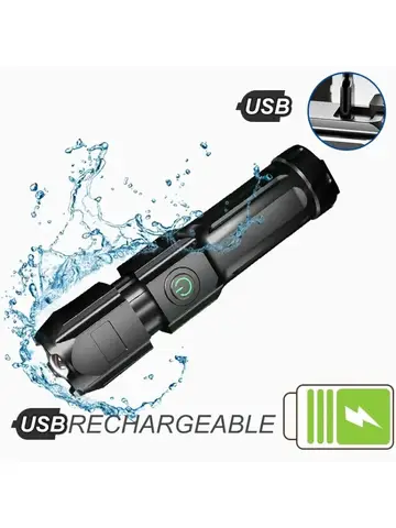 Powerful LED Flashlight Rechargeable USB Built-in Lithium Battery Waterproof Zoom Fishing Hunting Camping Tactical Flashlight
