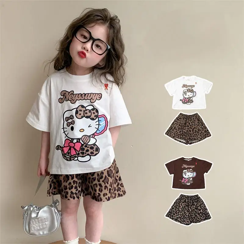 

Sanrio 2Pcs Hello Kitty Short Sleeve Summer New Baby Cartoon T-Shirt Fashion Leopard Print Shorts Suit Girl Casual Thin Trendy