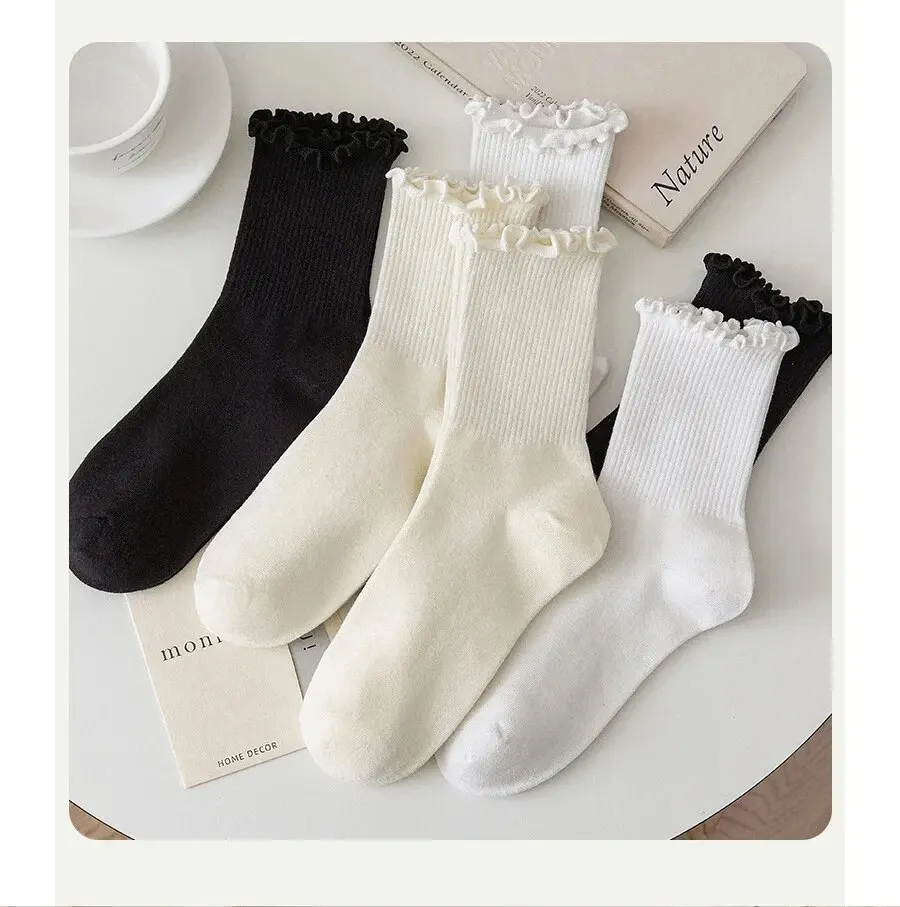 5/10/20 Paare/los Socken für Frauen Rüschen Mittelrohr Knöchel Kurze Atmungsaktive Schwarz Weiß Set Frühling Herbst – Detail 2