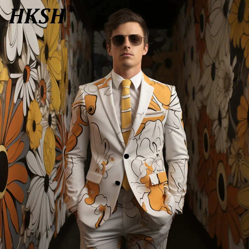 

HKSH 2024 Spring Summer New Men's Tide Plant Flower 3D Print Suit Set Cos Party Stage Nightclub Shining Performance Suits HK1692