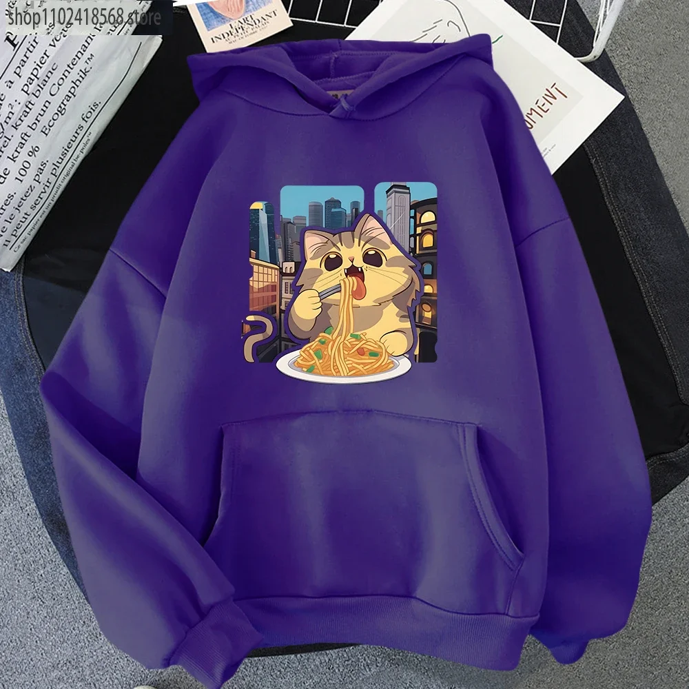 Cat Eating Spaghetti Hoodie for Women Cartoon Cute Animal Print Sweatshirt Men Aesthetic Clothes Harajuku Kawaii Girl Streetwear