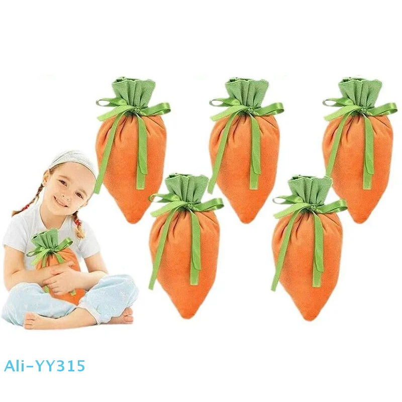 NN82 5Pcs Velvet Rabbit Ear Candy Bags With Drawstring Easter Carrot Gift Bags Bunny Ear Wrapping Pouch Party Favors Supplies