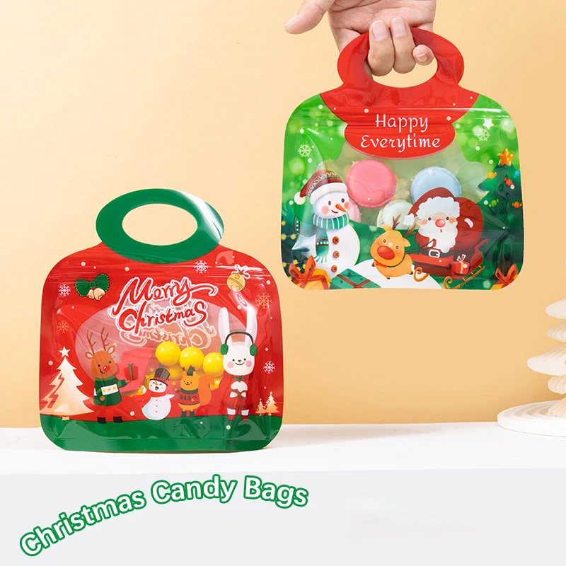 5/10Pcs Christmas Party Gift Bags With Handle Cookies Lollipop Chocolate Packaging Bag Decoration Child Favors