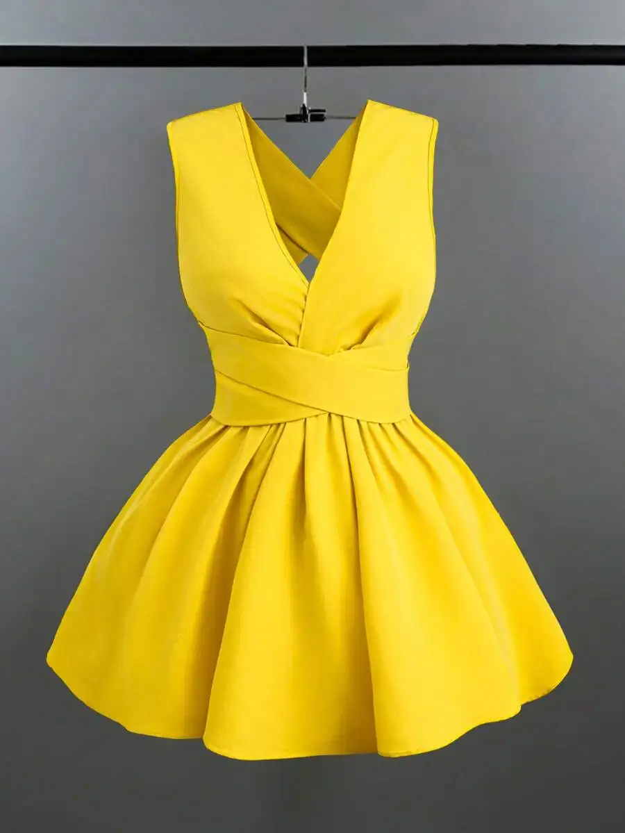 

Yellow Solid Color V-Neck Sleeveless A-Line Mini Dress with Wrap Waist