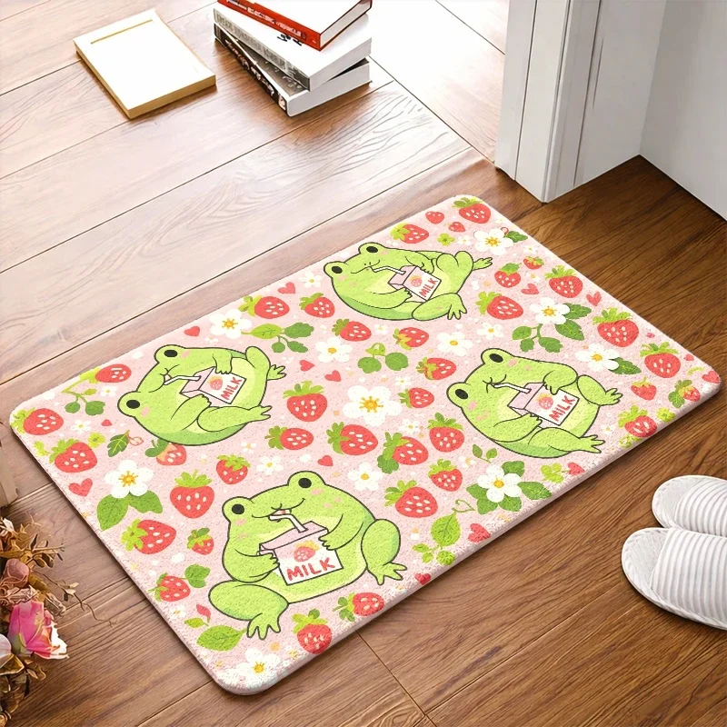 1pc, 2pcs, 3pcs Cute Frog Strawberry Printed Flannel Doormat, Durable And, Machine-Washable, Universal for Indoor And Outdoor Use, Suitable As Bedside Rug