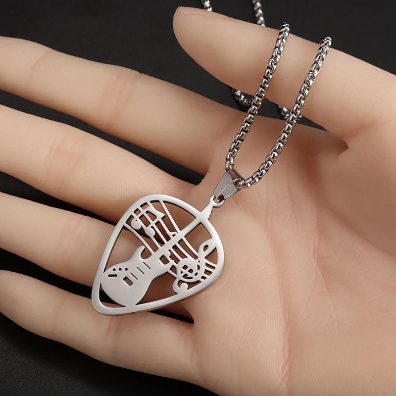 Delicate Stainless Steel Cutout Guitar Pick Bass Note Necklace for Music Lovers Pendant Punk Jewelry for Men and Women