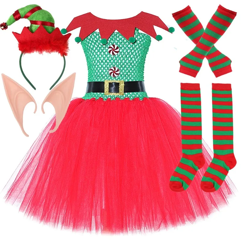 Christmas Elves Princess Dresses for Girls Red Green Xmas Holiday Clothes Kids New Year Ballet Tutus Children Carnival Outfits