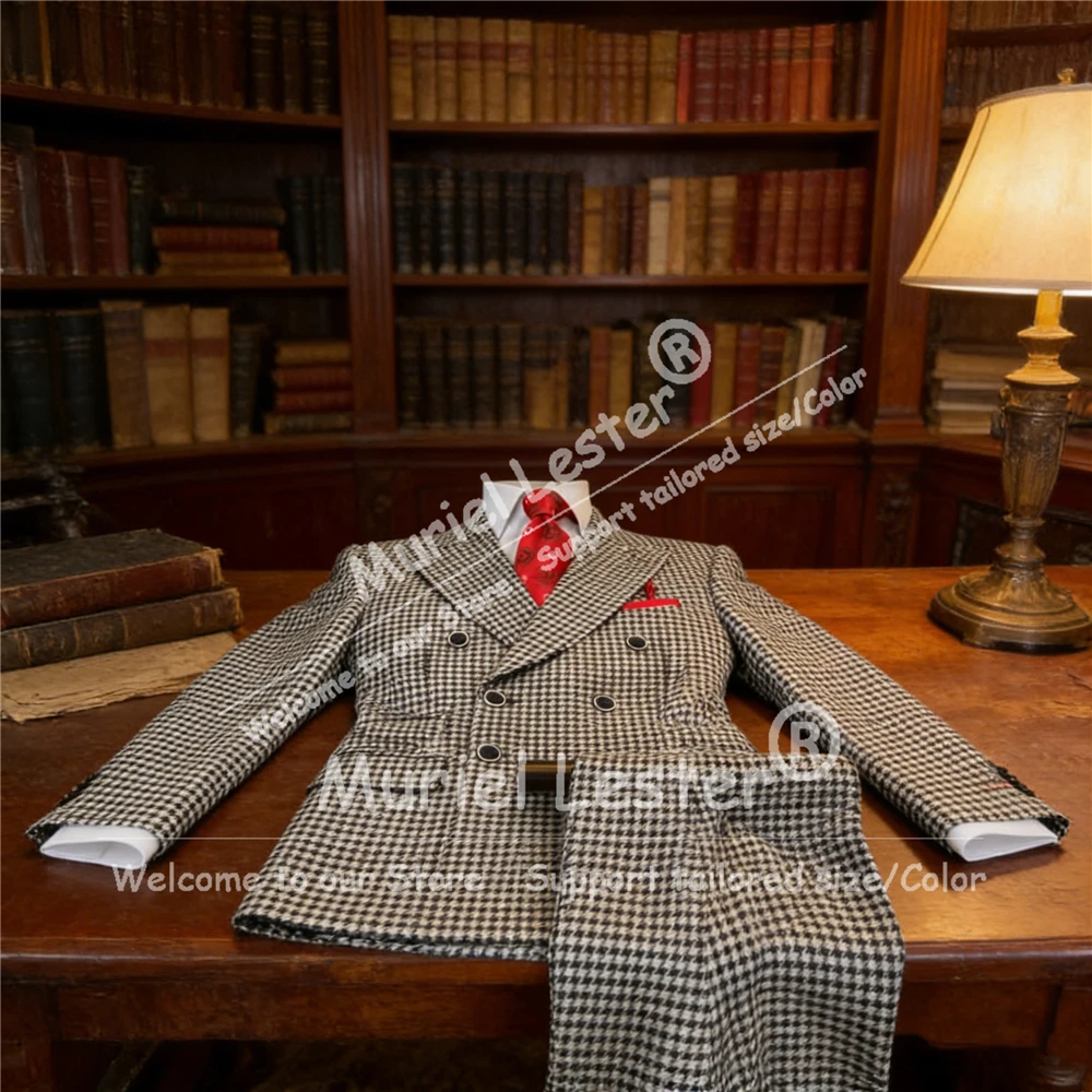 

Houndstooth Men's Suits Double Breasted Blazer Peak Lapel Plaid Check Groom Wedding Tuxedos Customized 2 Piece Set Man Outfits