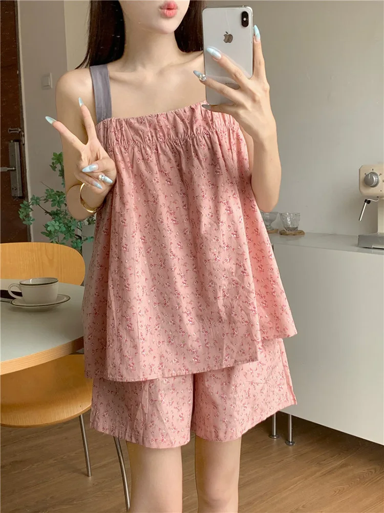 

Print Summer Soft Floral Home Sweet 100%Cotton Pajama Set Simple Sleeveless Sling Sling Cute NightDress Women Casual Sleepwear