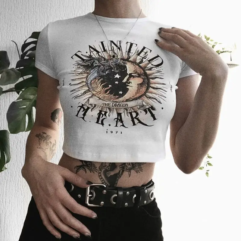 

Summer New American Ins Short Tight Slim High Waist Short Version Personalized Printed Short-sleeved T-shirt Women's Retro Base