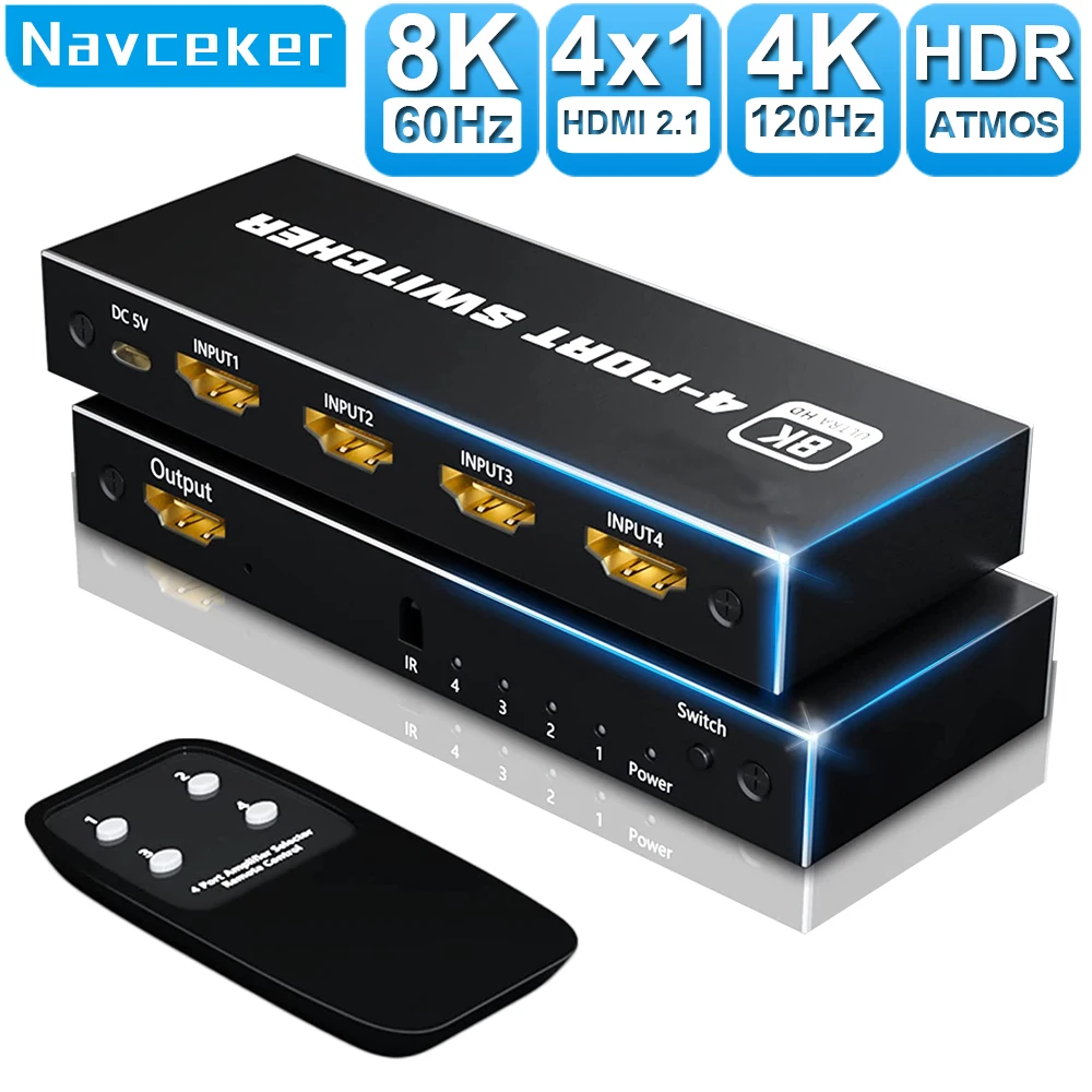 Navceker Switcher HDMI 2.1-compatible 4 in 2 in 1 out 8K 60Hz 4K 120Hz Switch Splitter adapter IR Remote For PS5 PS4 Projector